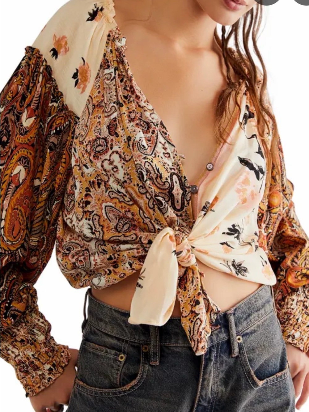 Free People Bohemian Cream and Rust Paisley Tie-Front Crop Blouse sz Lg
